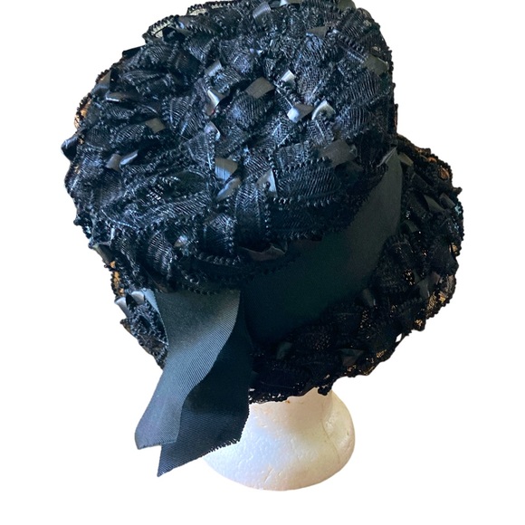 Wide Brim Vintage Straw Hat Bonnet Union USA Made Retro Church Lady Classic Blk - Picture 4 of 7